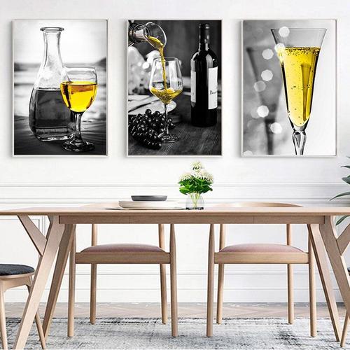 Toile murale avec impression de Champagne jaune, décoration de maison, style nordique, affiche de tasse de vin, peinture artistique pour la cuisine et le salon