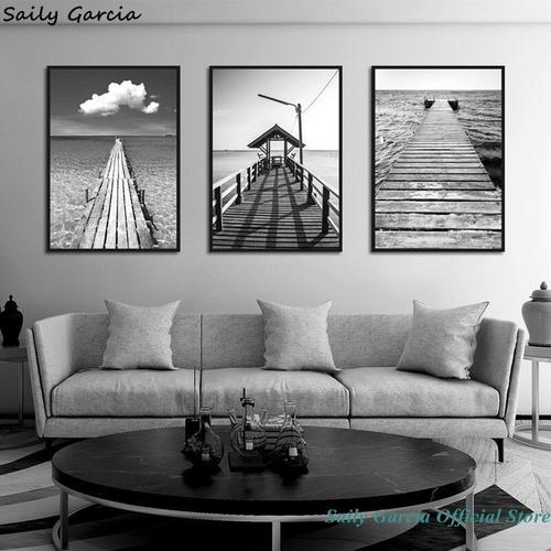 Tableau d'art mural en toile noir et blanc moderne, peinture de paysage de  bord de mer, pont en bois, affiche de paysage pour la décoration de la
