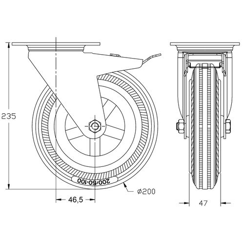 200mm 8" stainless steel castor grey rubber, swivel with brake, 205kg