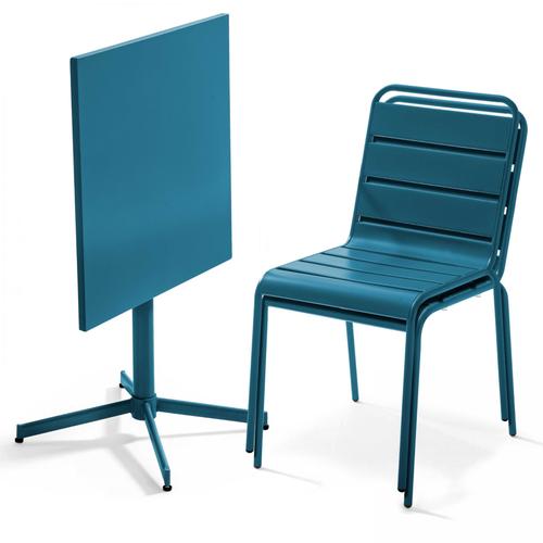Table De Jardin Carrée Inclinable Et 2 Chaises En Métal Bleu