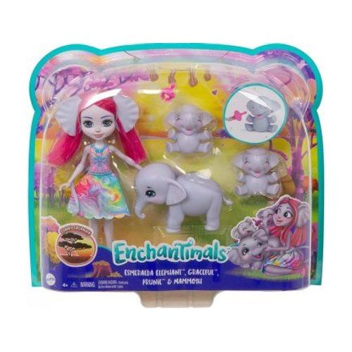 Coffret Enchantimals Poupée Eléphant Esmeralda Et Mammoth Prunie Graceful L'éléphanteaux - Figurine 15cm + Animal - Mini-Poupee