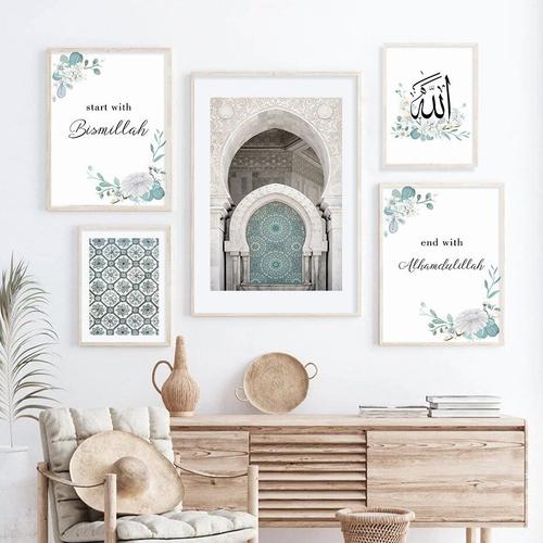 Toile avec fleur verte islamique, Architecture de la mosquée du maroc, affiches d'art murales imprimées, décor mural de maison