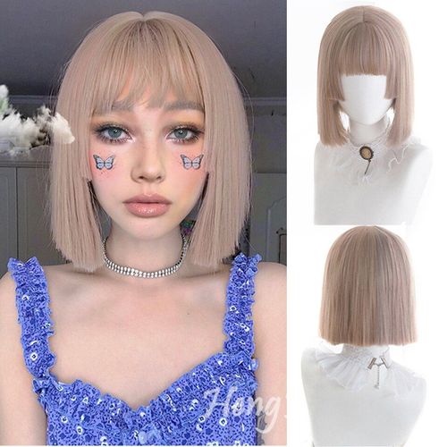 Perruque De Cosplay Lolita Pour Femme, Cheveux Courts Et Lisses, Blond Abricot Naturel