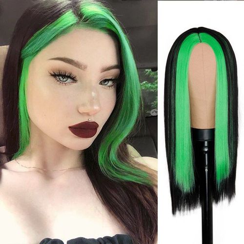Perruque Synthétique Lisse Et Longue Noire À La Mode, Perruque Verte À Reflets Pour Filles Avec Perruque De Cosplay