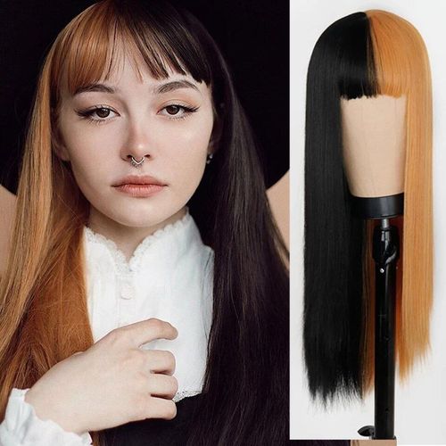 Perruque De Cosplay Synthétique Lisse Jaune Et Noire, Longue, Halloween, Deux Tons, Couleur Ombrée, Rose, Vert, Bleu, Pour Femmes
