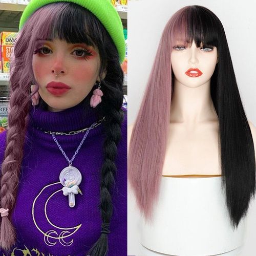 Perruque De Cosplay Synthétique Lisse Et Longue Pour Femmes, Couleur Ombre Violette Et Noire, Deux Tons, Rose Et Vert, Pour Halloween