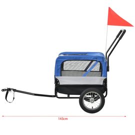 Remorque Vélo Pour Chien Animaux Avec Roue Frontale Réflecteurs Et Drapeau Rouge Barre D'attelage Capacité 20 Kg 143 X 67 X 96 Cm Acier Pvc Et Polyester Bleu Gris Noir Helloshop26 03_0005987