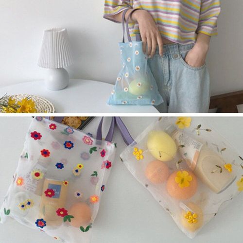 Sac de Shopping Portable 3D brodé, sac de plage en maille translucide, sac à main de stockage de fruits réutilisable, sac pliable
