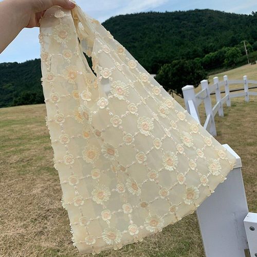 sac de Shopping en maille pour femmes, fourre tout Transparent, sac à main de stockage de fruits réutilisables, sac de Shopping en Tulle à fleurs