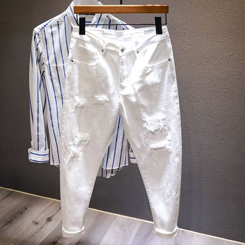 Jean Blanc Déchiré Pour Homme,Pantalon Sarouel,Extensible,Slim,Confortable,Streetwear,Denim,À La Mode