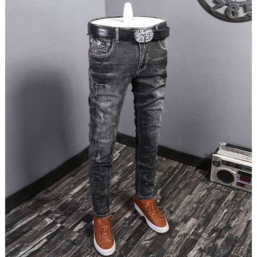 Jean Déchiré Rétro Bleu Pour Hommes,Streetwear,Mode,Slim,Élastique,Biker,Broderie De Styliste,Hip Hop,Pantalon En Denim