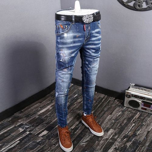 Jean Déchiré Rétro Bleu Pour Hommes,Streetwear,Mode,Slim,Élastique,Biker,Broderie De Styliste,Hip Hop,Pantalon En Denim