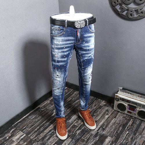 Jean Déchiré Rétro Bleu Pour Hommes,Streetwear,Mode,Slim,Élastique,Biker,Broderie De Styliste,Hip Hop,Pantalon En Denim