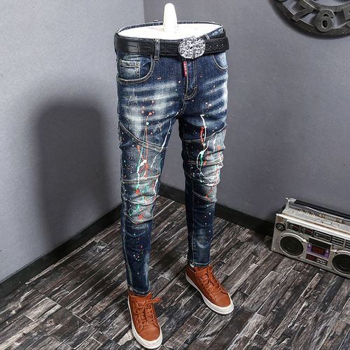 Jean Déchiré Rétro Bleu Pour Hommes,Streetwear,Mode,Slim,Élastique,Biker,Broderie De Styliste,Hip Hop,Pantalon En Denim