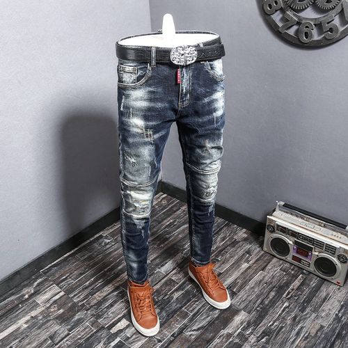 Jean Déchiré Rétro Bleu Pour Hommes,Streetwear,Mode,Slim,Élastique,Biker,Broderie De Styliste,Hip Hop,Pantalon En Denim