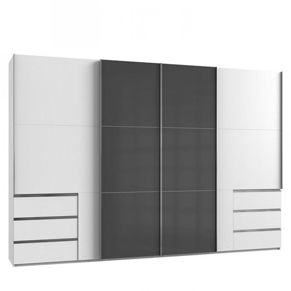 Armoire Coulissante Lisea 4 Portes 6 Tiroirs Blanc Verre Anthracite 350 X 236 Cm Ht