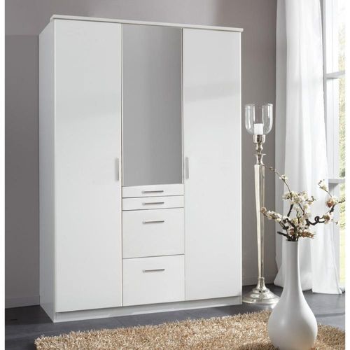 Armoire Penderie Blanche Arron 3 Portes Battantes 4 Tiroirs