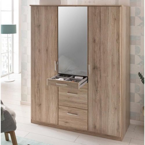 Armoire Penderie Décor Chêne Arron 3 Portes Battantes 4 Tiroirs