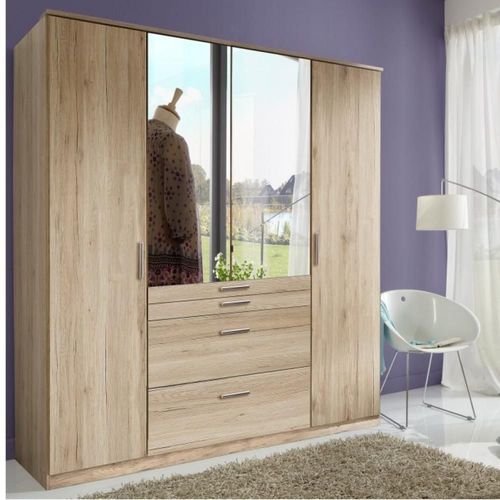 Armoire Penderie Décor Chêne Arron 4 Portes Battantes 4 Tiroirs