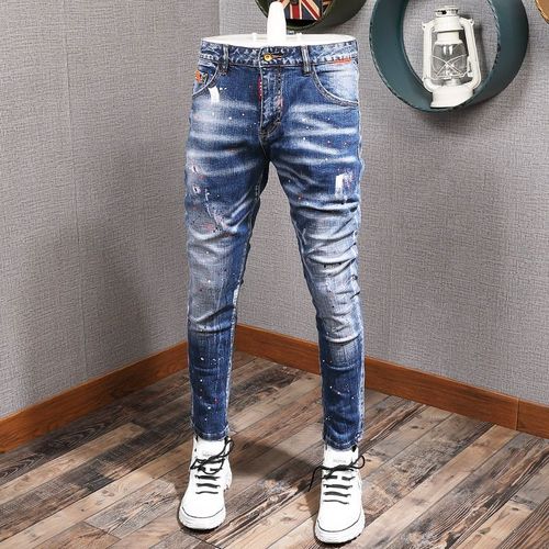 Jean Déchiré Pour Homme,Pantalon En Denim,Artificiel Astique,Slim,Épissé,De Styliste,Broderie,Hip Hop,Mode Streetwear,Rétro,Noir,Bleu