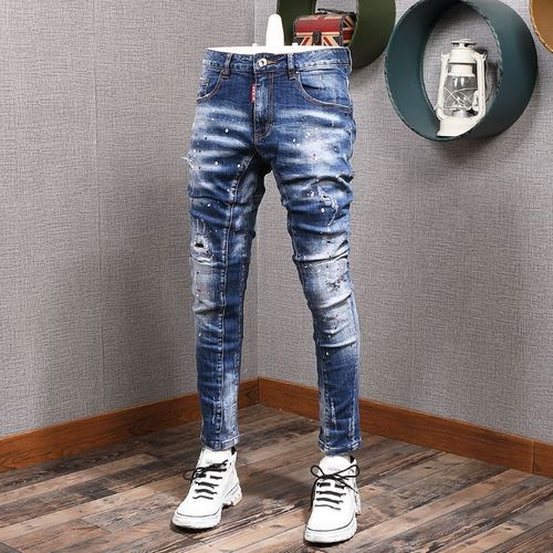 Jean Déchiré Pour Homme,Pantalon En Denim,Artificiel Astique,Slim,Épissé,De Styliste,Broderie,Hip Hop,Mode Streetwear,Rétro,Noir,Bleu