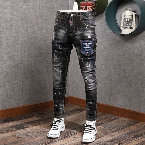 Jean Déchiré Pour Homme,Pantalon En Denim,Artificiel Astique,Slim,Épissé,De Styliste,Broderie,Hip Hop,Mode Streetwear,Rétro,Noir,Bleu