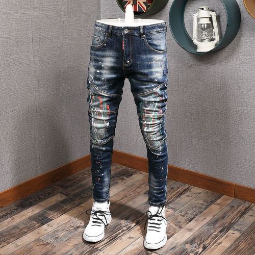 Jean Déchiré Pour Homme,Pantalon En Denim,Artificiel Astique,Slim,Épissé,De Styliste,Broderie,Hip Hop,Mode Streetwear,Rétro,Noir,Bleu