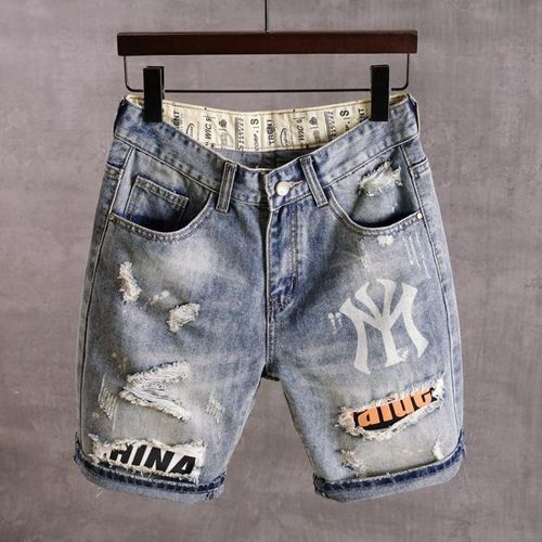 Short En Jean Pour Hommes,Jean Délavé,Coupe Droite,Avec Trous,Style Coréen,Patch Décontracté