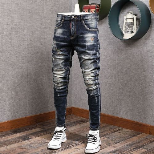 Jean Déchiré Pour Homme,Pantalon En Denim,Artificiel Astique,Slim,Épissé,De Styliste,Broderie,Hip Hop,Mode Streetwear,Rétro,Noir,Bleu
