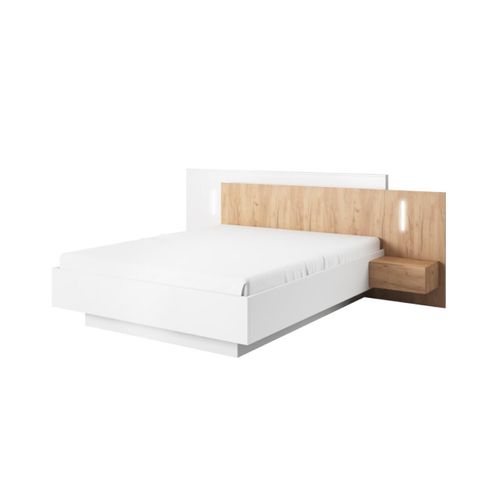 Lit Avec Chevets 160 X 200 Cm - 2 Tiroirs - Avec Leds - Coloris : Blanc Et Naturel - Francoli