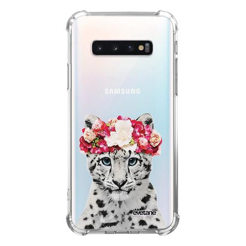 Coque Samsung Galaxy S10 Plus Anti-Choc Souple Angles Renforcés Transparente Leopard Couronne Evetane.