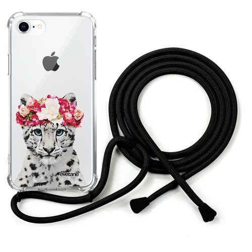 Coque Cordon Iphone 7/8/ Iphone Se 2020 Noir Dessin Leopard Couronne Evetane