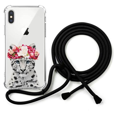 Coque Cordon Iphone X/Xs Noir Dessin Leopard Couronne Evetane