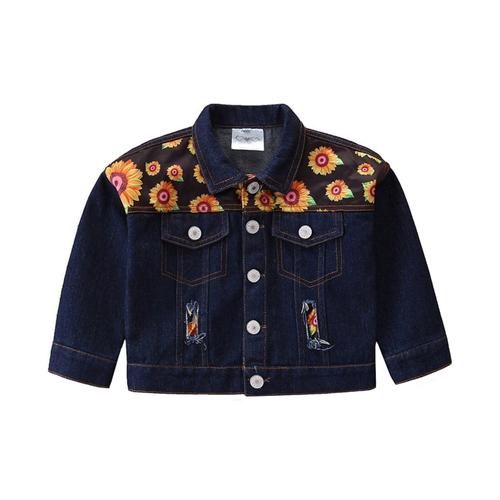 Manteau En Denim À Manches Longues Pour Fille De 1 À 6 Ans, Veste Patchwork À Trous De Couture, Imprimé Tournesol, Vêtements Décontractés Pour Enfants, Printemps Automne