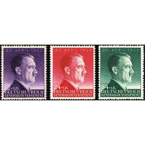 Pologne, Occupation Allemande 1943, Très Belle Série Complète Neuve** Luxe Timbres Yvert 112, 113, 114, 54ème Anniversaire Chancelier Hitler.