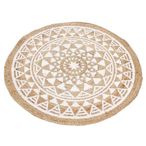 Tapis Rond Ethnique En Jute Mandala Blanc 90 Cm