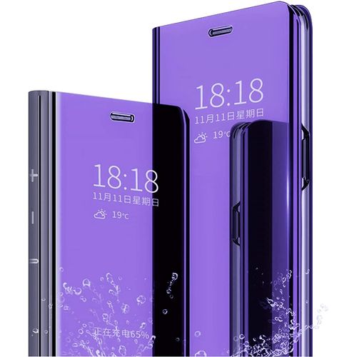 Coque Xiaomi Redmi Note 6 Pro Flip Clear View Translucide Miroir Cover + Verre Trempé Film Protecteur Standing 360°Housse Étui Antichoc Smart Cover Bumper Bleu Violet
