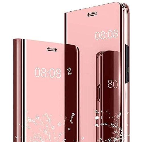 Coque Pour Samsung Galaxy A22 5g, Miroir Étui À Rabat 360 Protection Intégrale Clear View Translucide Pu Cuir Case Protecteur Standing Housse Anti-Choc Bumper, Or Rose