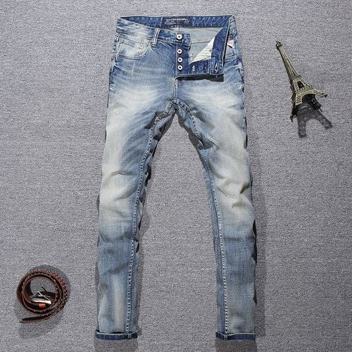 Jean Déchiré Artificiel Astique Bleu Clair Pour Homme,Pantalon En Denim Vintage,Style Poumons,Mode Rétro,Coupe Slim,Lèvent,Fjm