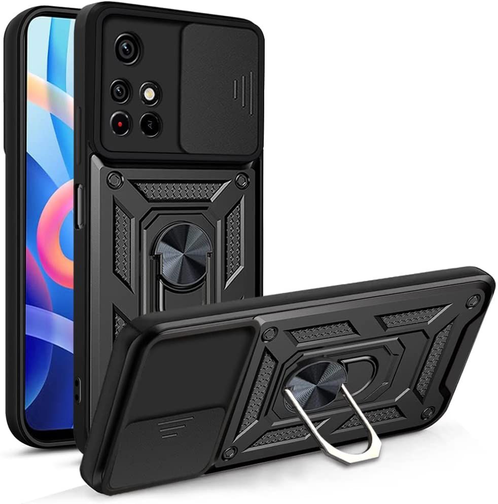 Coque Pour Xiaomi Redmi Note 11 Pro/Note 11 Pro 5g, Protection De La Caméra Étui Avec Lentille Coulissante Couverture Et Support À Bague Pc Dur Et Tpu Silicone Antichoc Case Noir