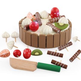 Gâteau De Fête D'anniversaire Pour Enfants Ensembles De Nourriture En Bois, Jeu De Cuisine Pour Les Tout-petits Avec Bougies En Bois, Fruits, Plats, Fourchettes, Jouets éducatifs (Comme Montré