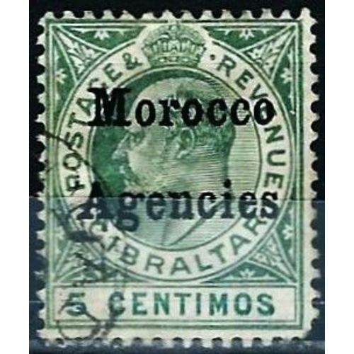 Grande Bretagne, Bureaux Britanniques Au Maroc 1903, Beau Timbre Portrait Du Roi Édouard 7, Libellé "Gibraltar", 5 Centimos Surchargé "Morocco Agencies", Oblitéré, 1 Coin Rogné, Petit Prix.