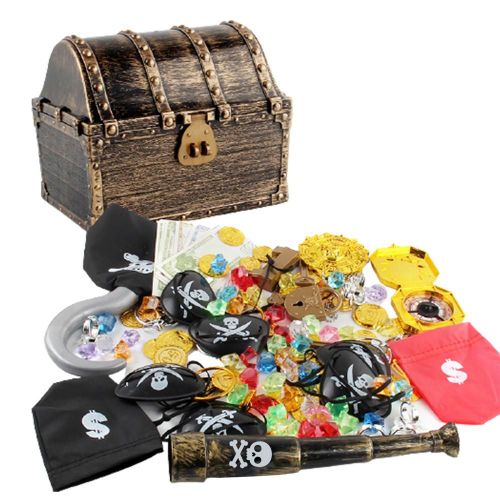 Boîte De Poitrine Pirate Pour Enfants, 143 Pièces, Boîte Dorée, Kit De Jouets, Accessoires De Déguisement, Outils De Costume Cosplay, Pièce D'Or, Mini Boîte À Trésor De Poche De Dessin Animé