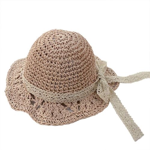 Chapeau De Paille Pour Filles, Chapeau De Soleil À N¿Ud Papillon, À Large Bord, Bateau De Plage, Haut Plat Rond, Été