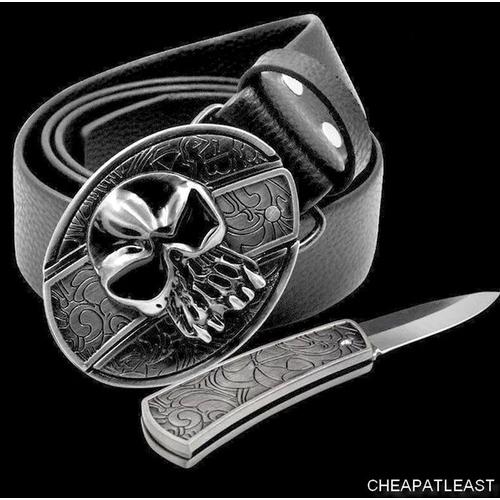 Ceinture / Ceinturon À Boucle Amovible Acier Avec Couteau Intégré Dissimulé -Tête De Mort Ghost Style Punisher West Coast Choppers Customs Motard Moto Harley Sons Anarchy Heavy Metal