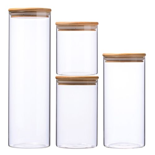 Set Of 4 Verre À Haute Teneur En Borosilicate Cylindre Récipient De Stockage De Nourriture Hermétique Canister Jar Pour Épice, Spaghetti, Café, Céréales, Thé Etc