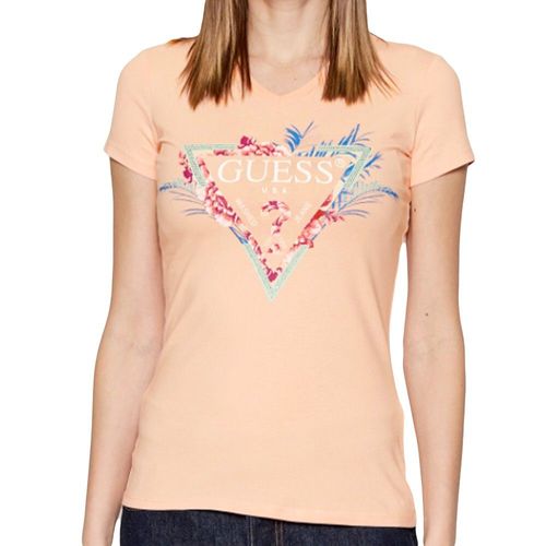 T Shirt Guess Classic Triangle Flowers Femme Rose