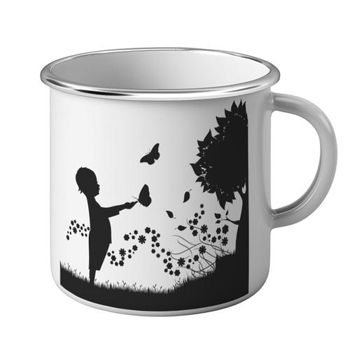 Mug Métal Tasse Silhouette Enfant Et Papillons Dans Un Pré Fleuri Dessin