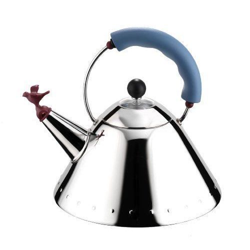 Alessi 9093 Bouilloire En Acier Inoxydable 18/10 Brillant Avec Poignée Et Sifflet-Oisillon Bleu Clair