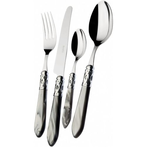 Bugatti, Aladdin, Set De 24 Couverts En Acier Inoxydable 18/10, Couleur De La Poignée Gris Nacré Avec Finition Anneau Chromé. Set De Couverts 6 Personnes: 6 Cuillères, 6 Fourchettes, 6 Couteaux Et 6 Cuillères À Café.
